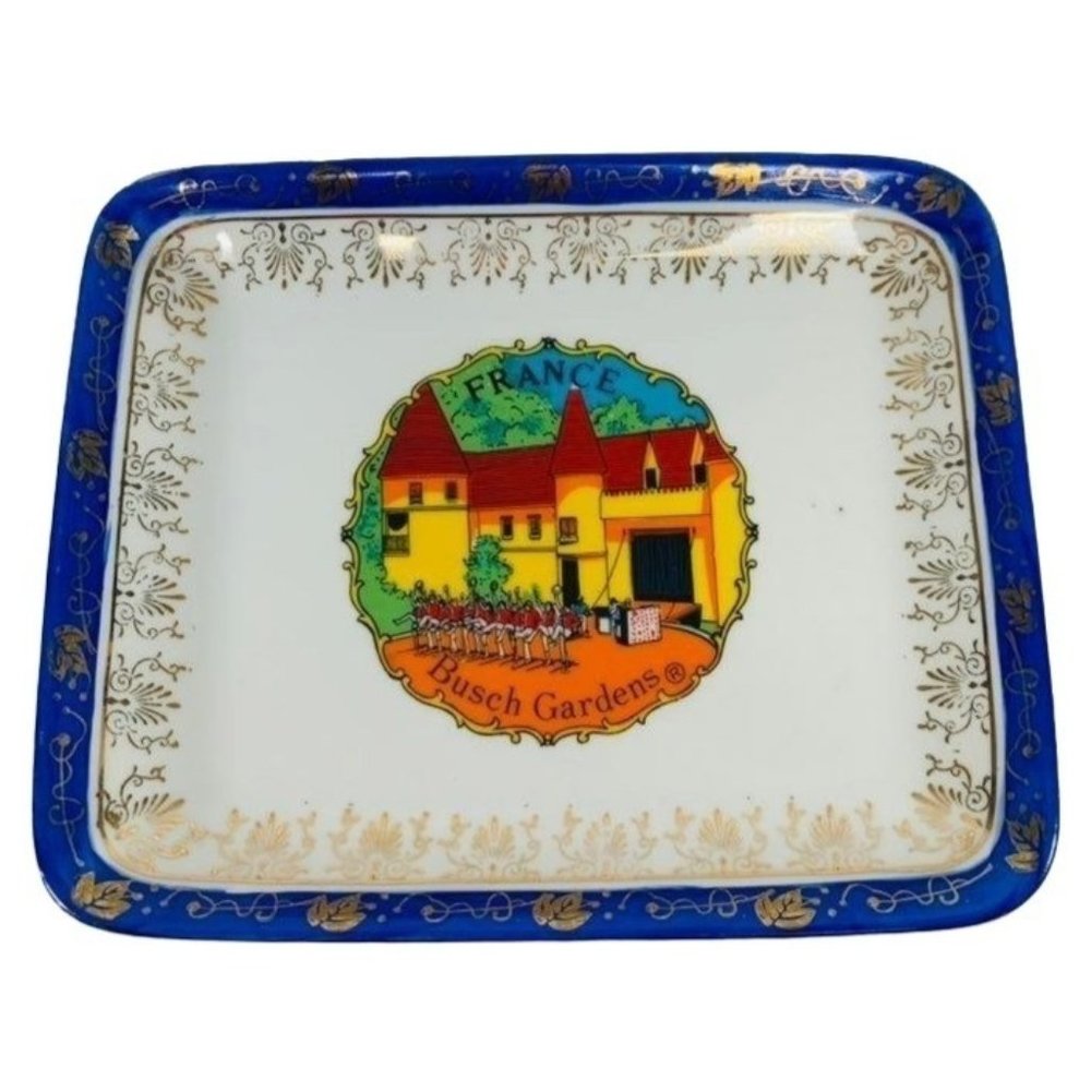 Vintage France Bush Gardens Colorful Tourist Visit Collector Gold Accent Plate